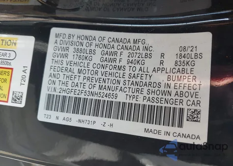 2022 Honda Civic Sport z USA, uszkodzony, nr VIN 2HGFE2F53NH524659